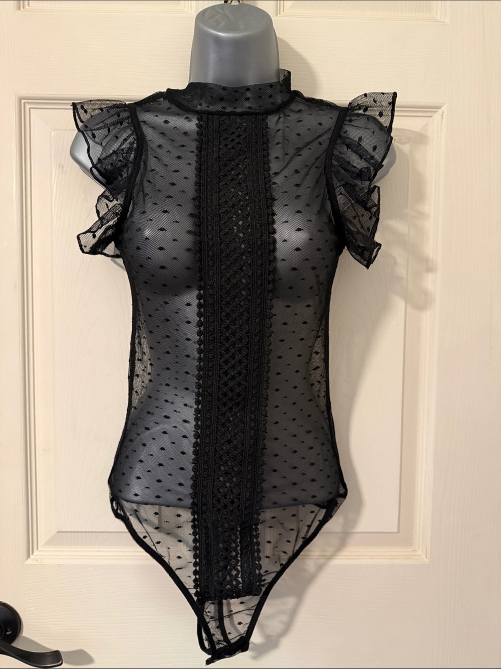 PrettyLittleThing Black Sheer Swiss Dot Lace-Trim Bodysuit